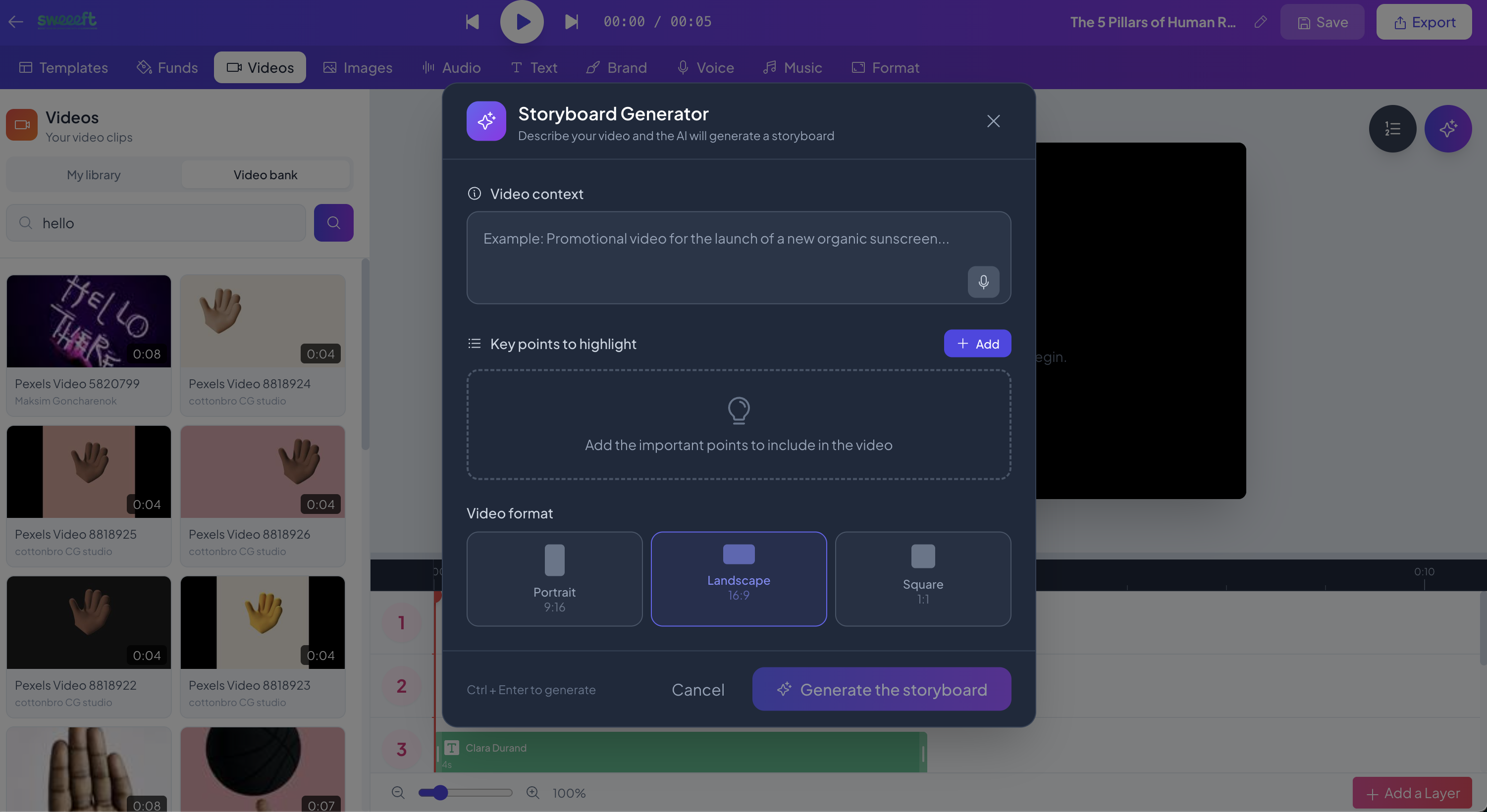 Générateur de Storyboard IA — Contexte vidéo, points clés et choix de format