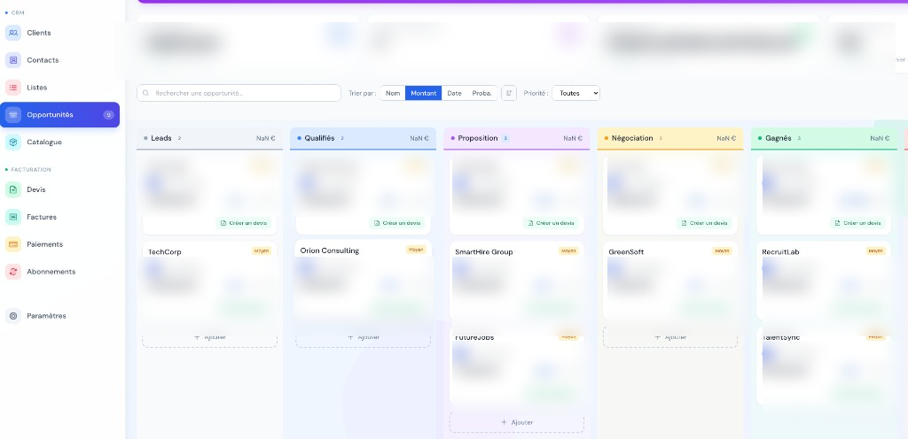 Pipeline commercial — Kanban des opportunités par étapes avec montants et probabilités