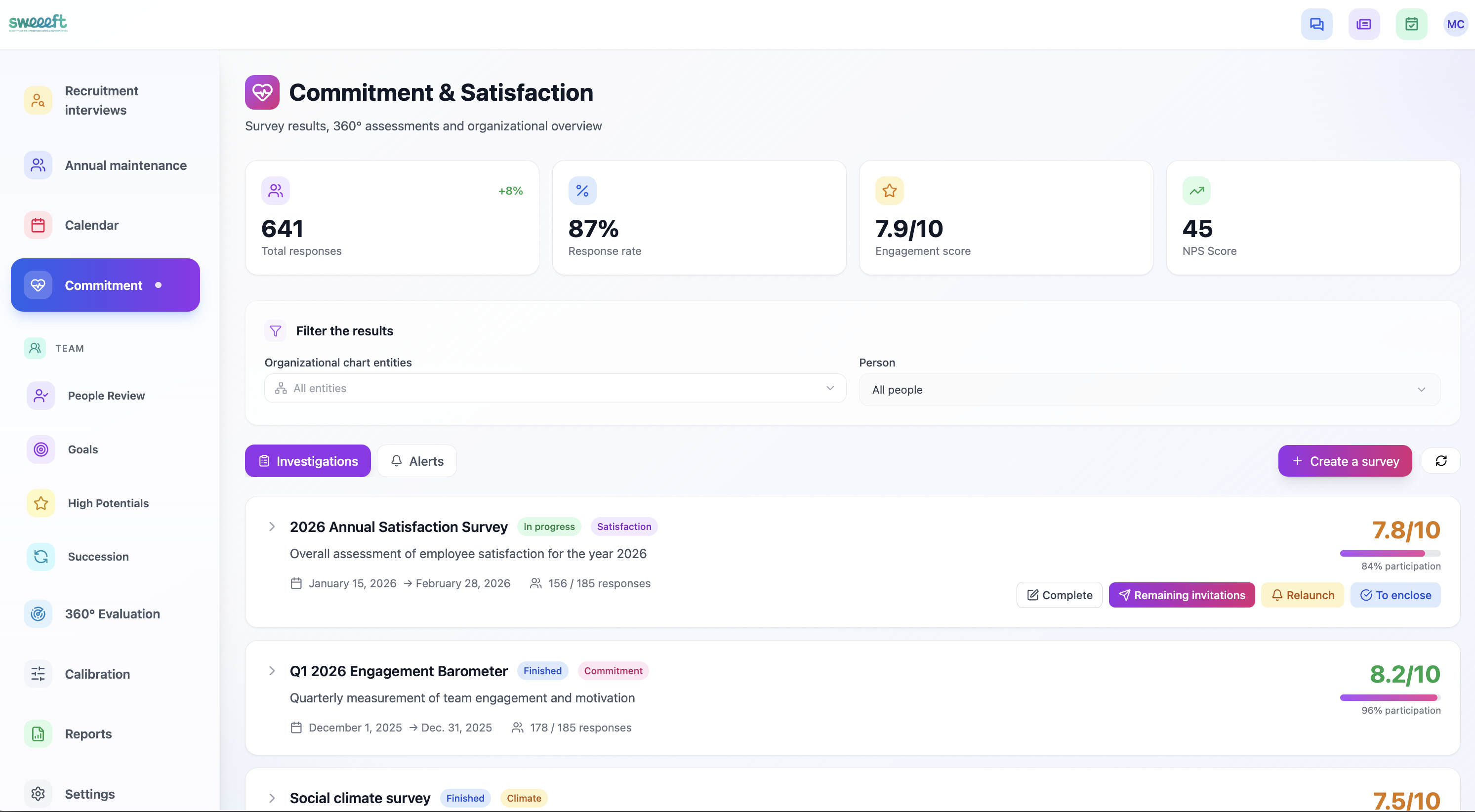 Engagement & Satisfaction — Dashboard enquêtes avec scores, taux de réponse et NPS