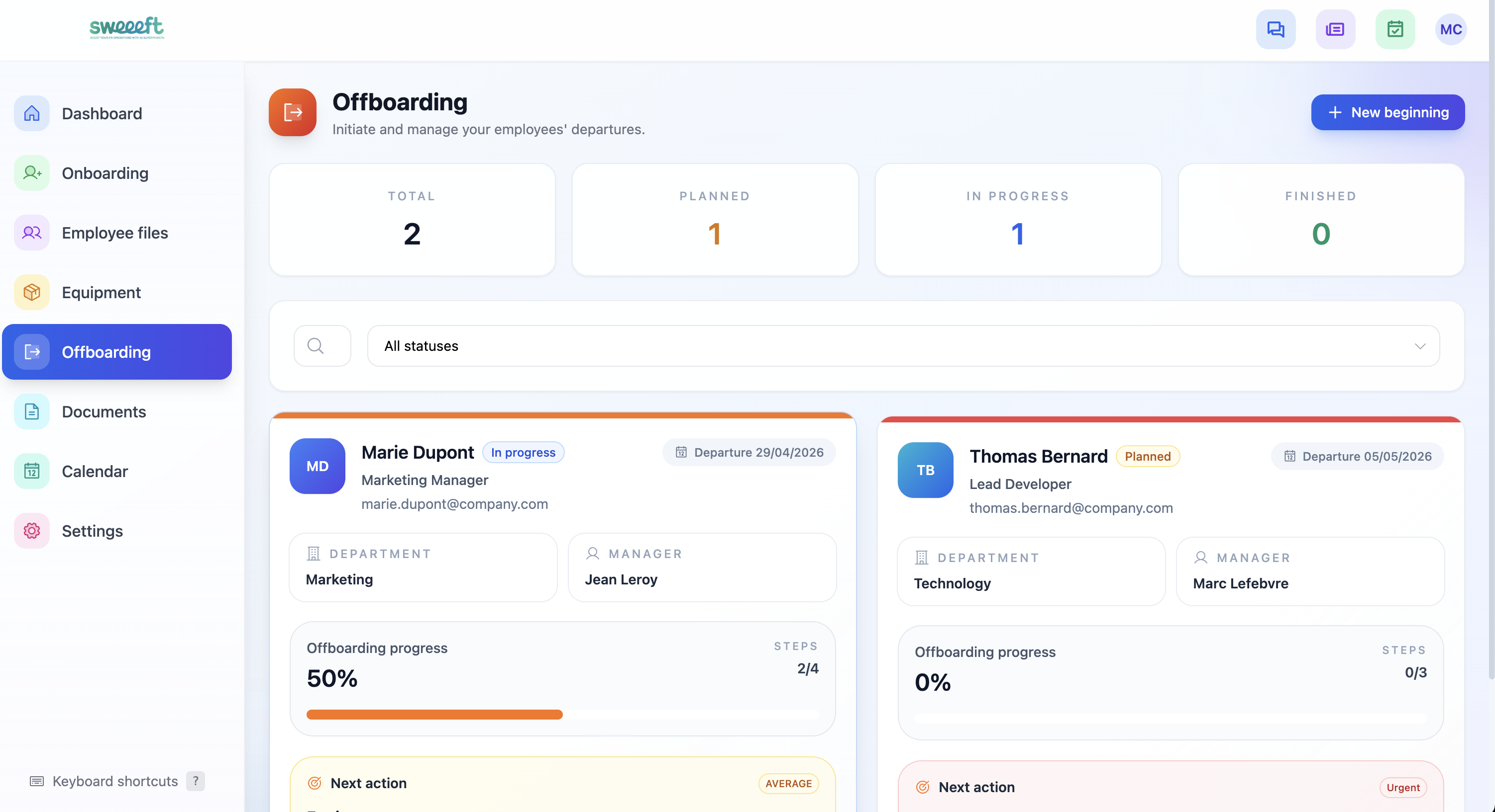 Offboarding — Suivi des départs avec progression par collaborateur