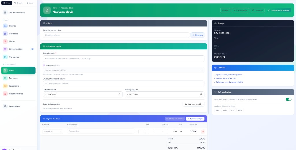 Éditeur de devis — Création de devis multi-lignes avec TVA et signature électronique