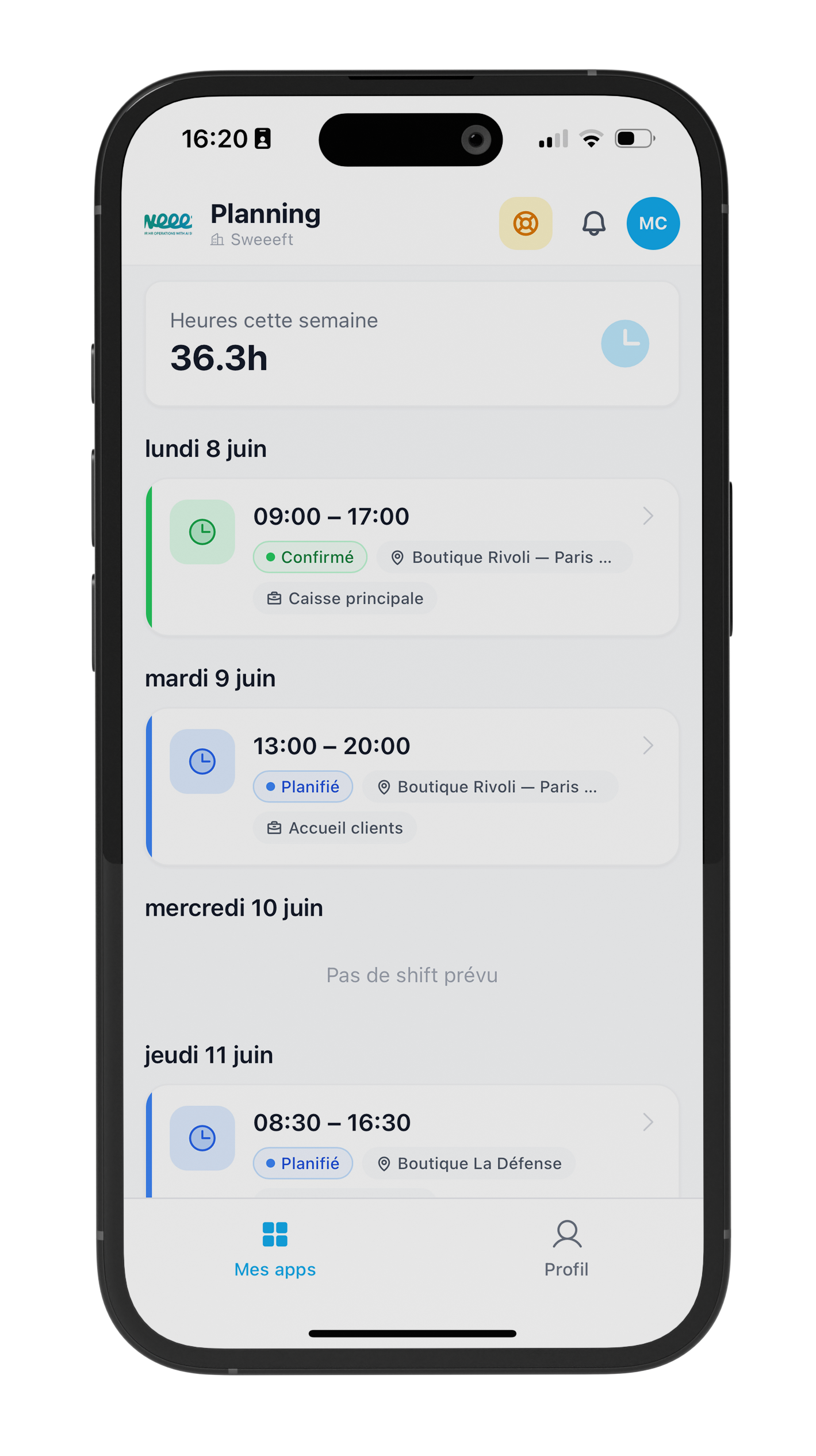 Mobile scheduling app with schedules, leave and indicators
