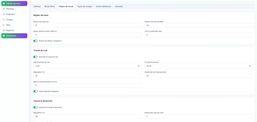 Labor rules — Configure maximum hours, night work, minimum rest and Sunday work