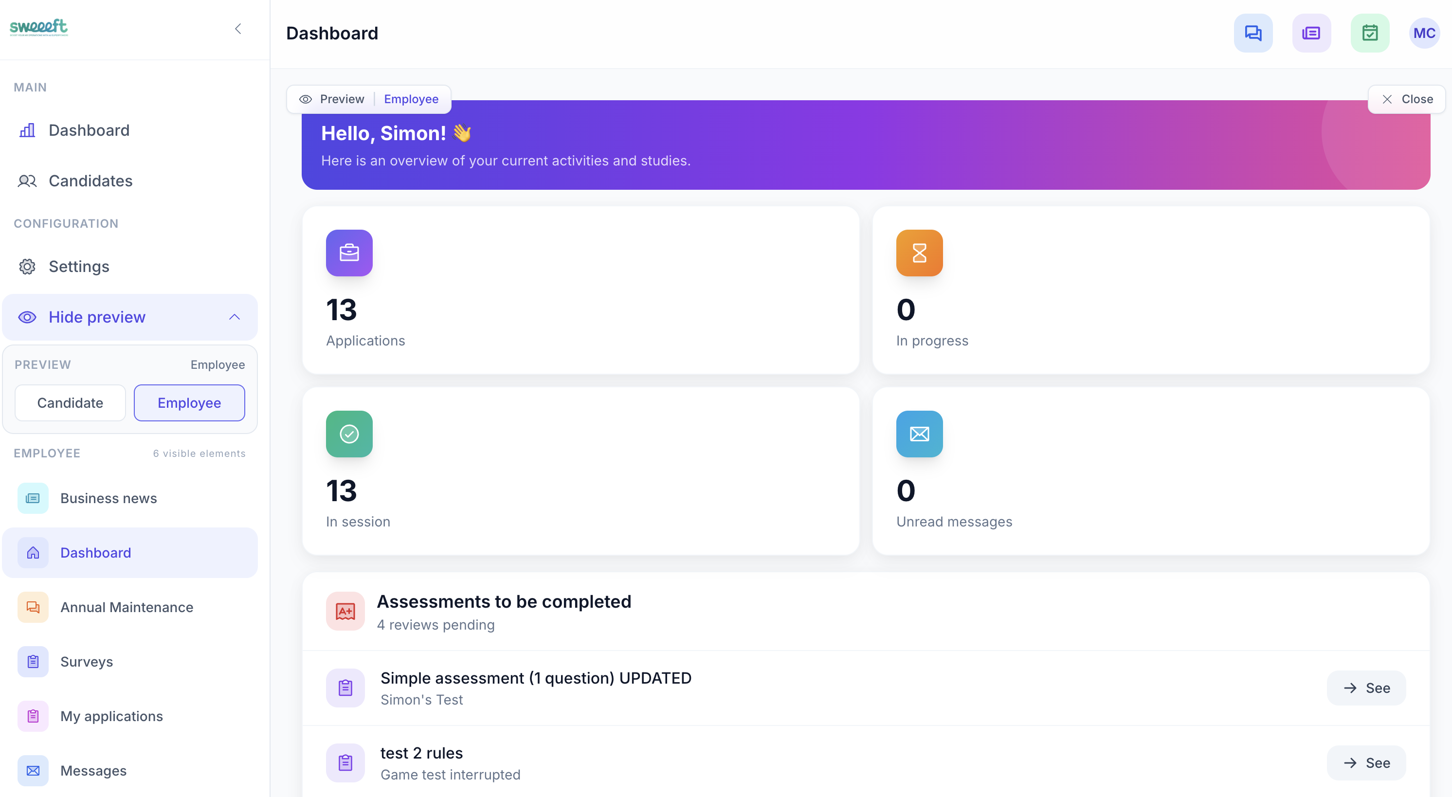 Portail collaborateur — Tableau de bord avec candidatures, messages et activité récente