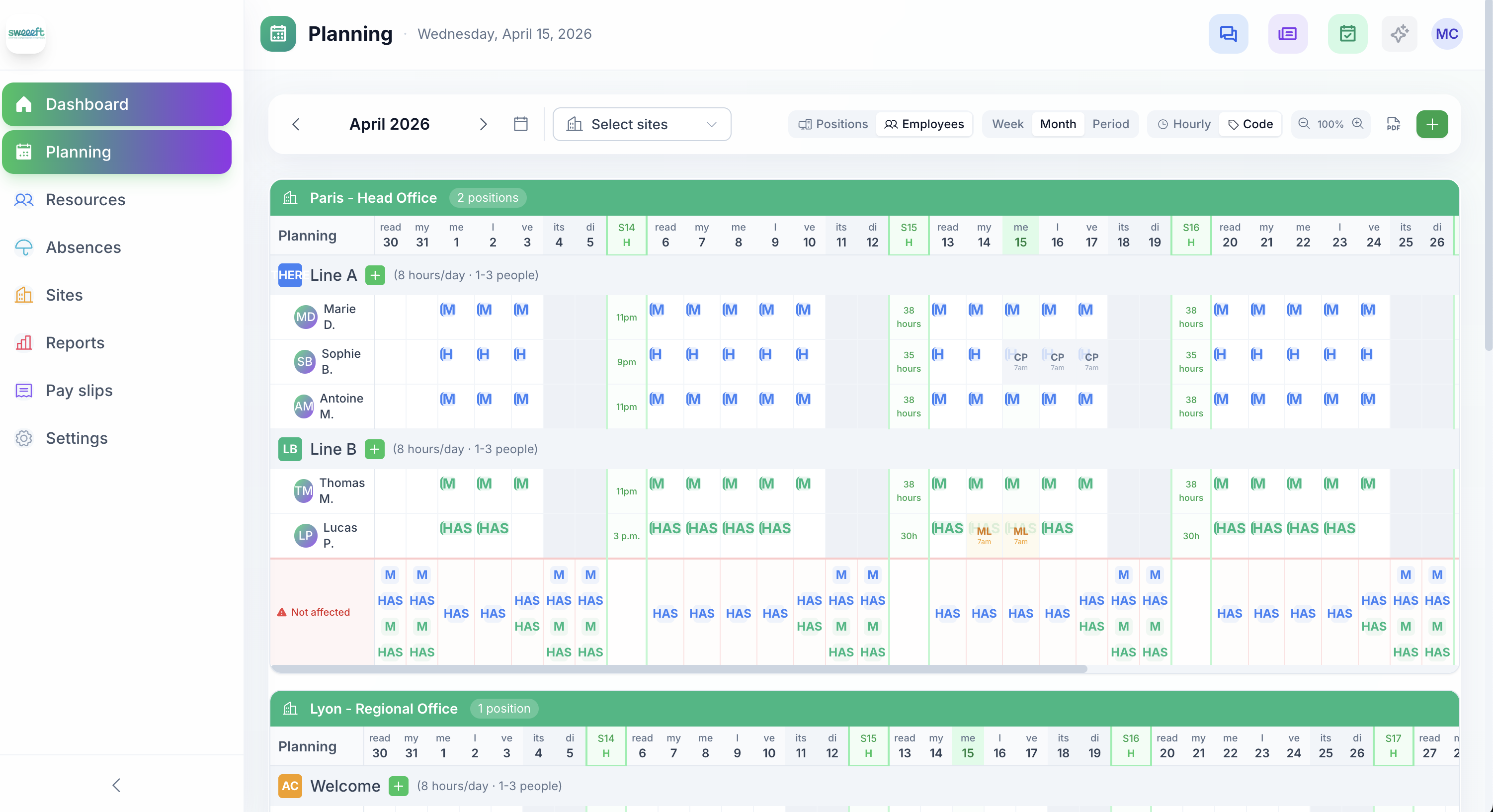 Planning multi-sites — Vue par postes avec drag & drop