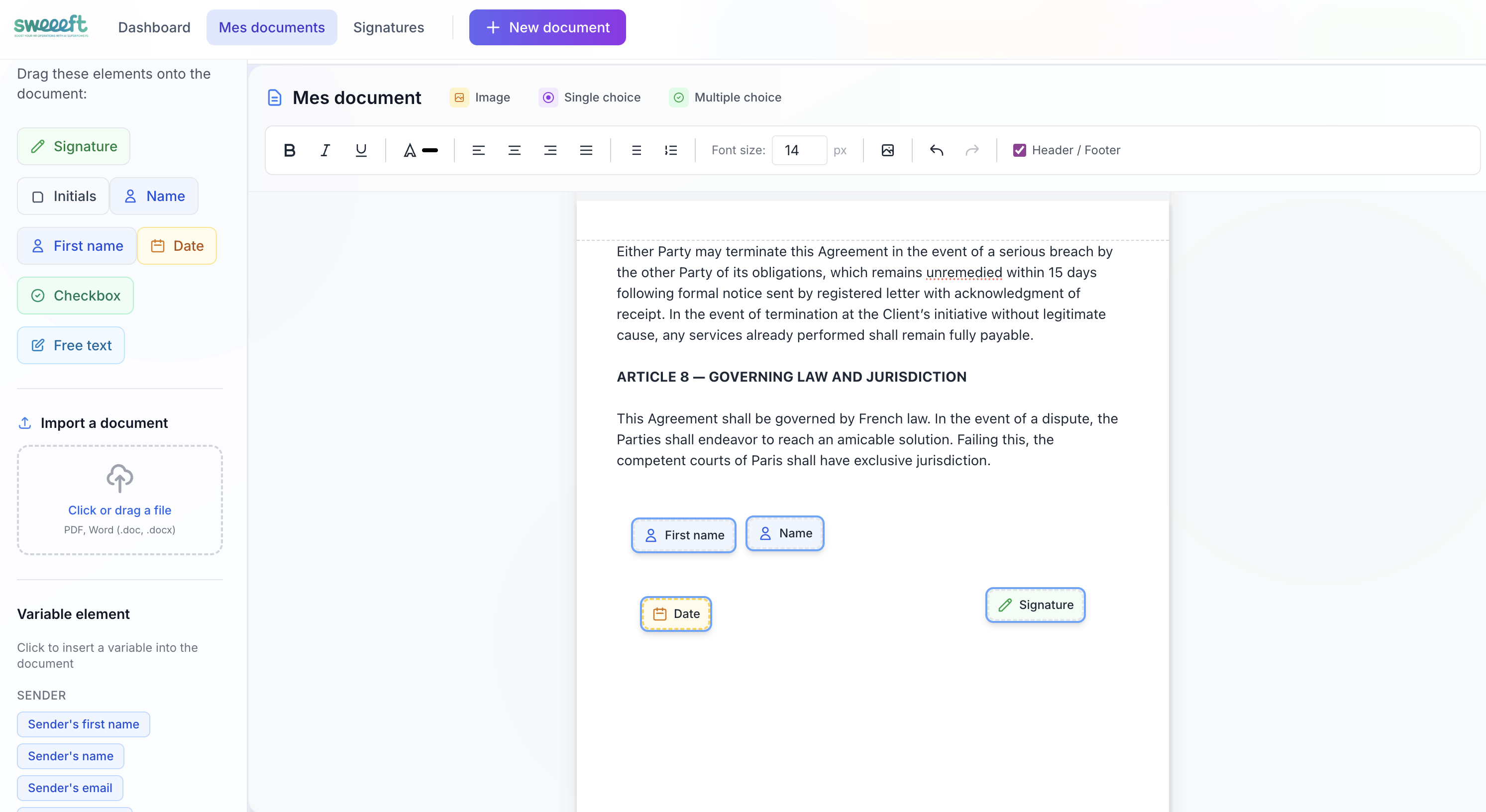 Éditeur de documents — Champs de signature draggables et variables dynamiques