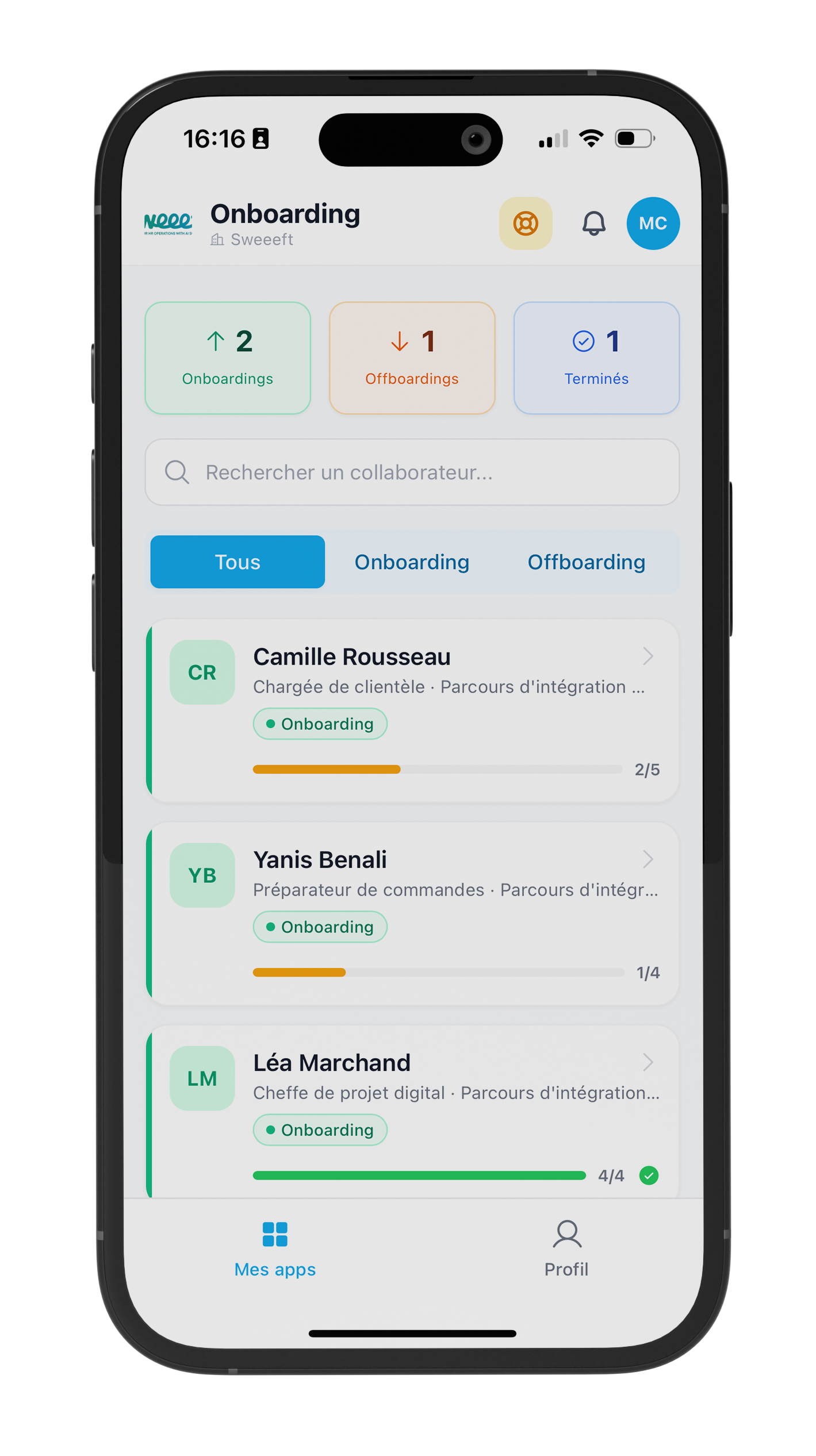 Mobile onboarding app with dashboard, employee steps, and employee journey