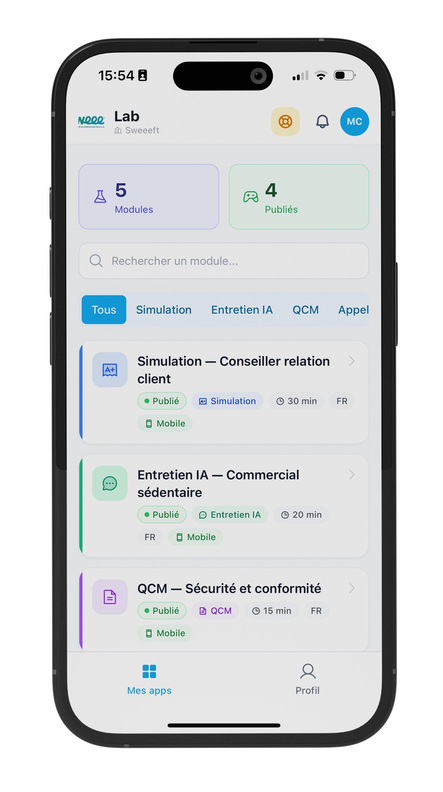 Assessment mobile app with scheduled, in-progress, completed interviews and candidate scores