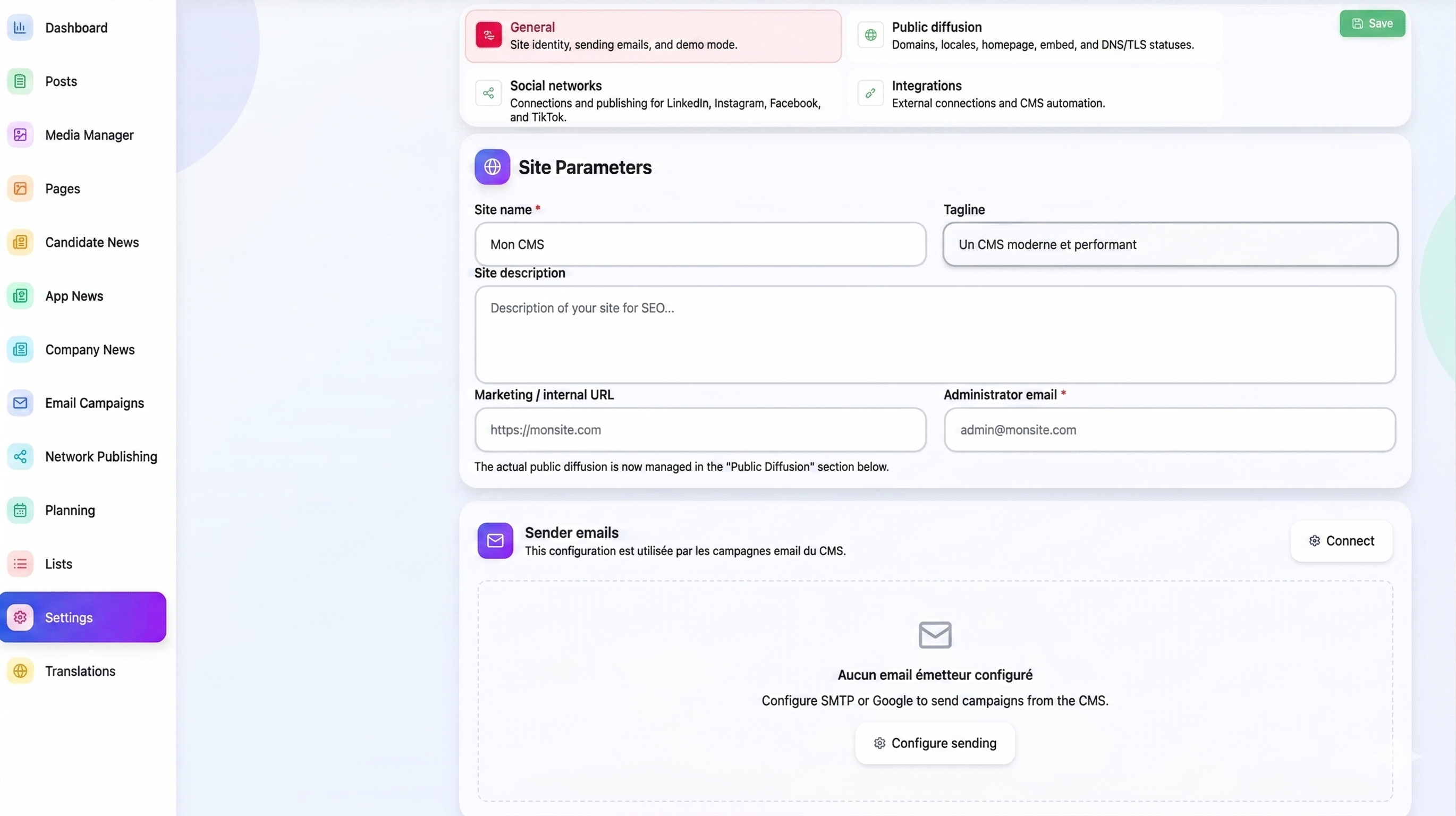 Public site management — Settings, domains, and sender emails