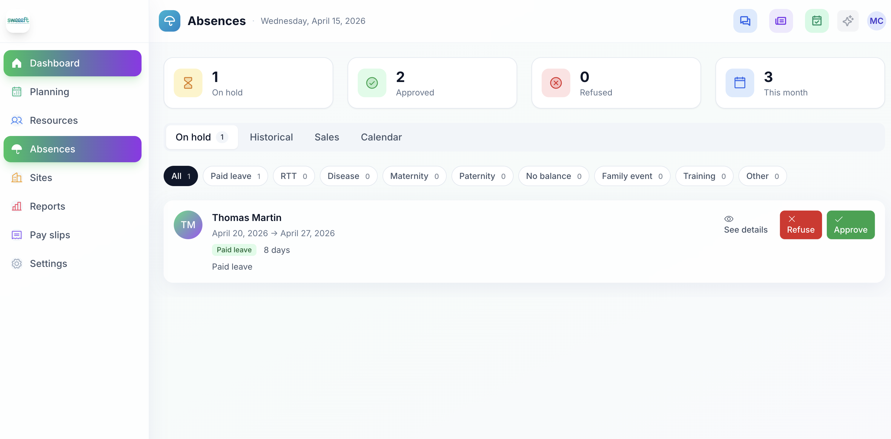 Types de congés et absences — Configuration des CP, RTT, maladie, maternité et autres types