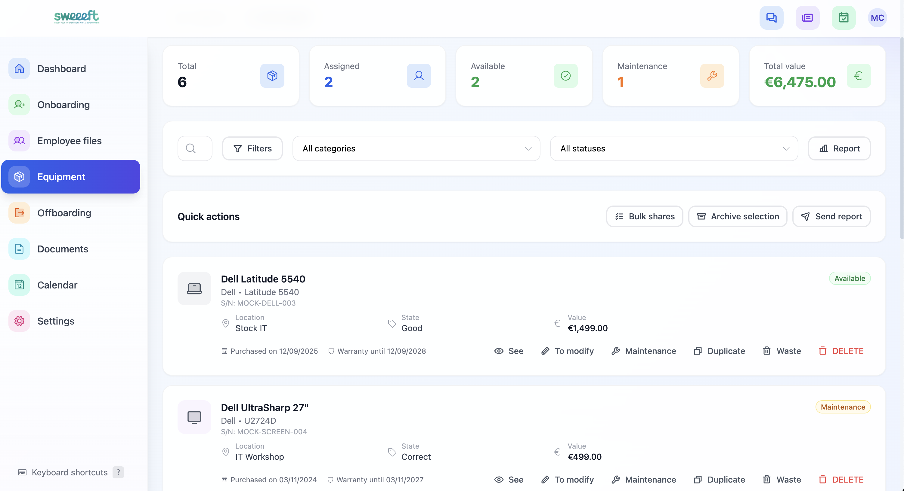 Gestion du matériel — Inventaire des équipements avec statut et garantie