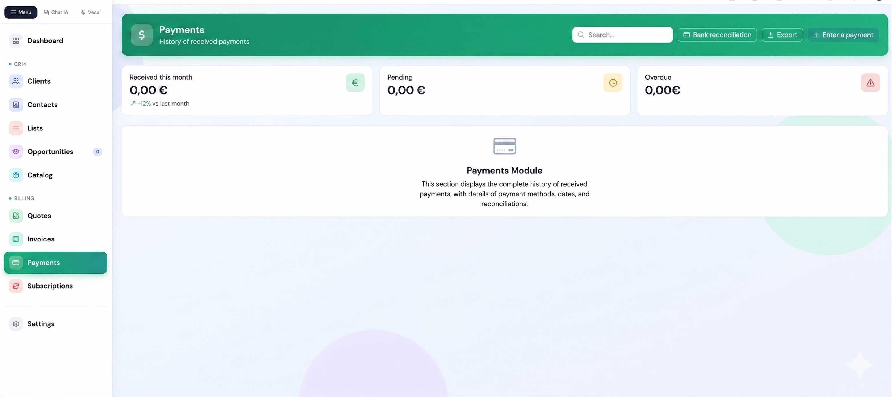 Invoicing — Payments module with history and bank reconciliation