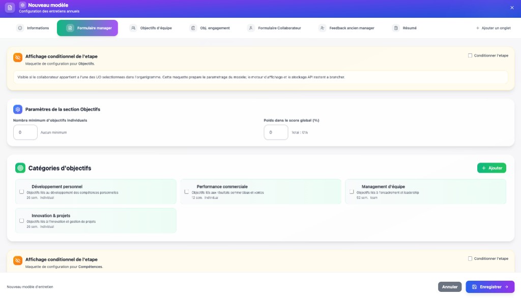 Nouveau modèle d'entretien — Configuration des objectifs, catégories et formulaires manager
